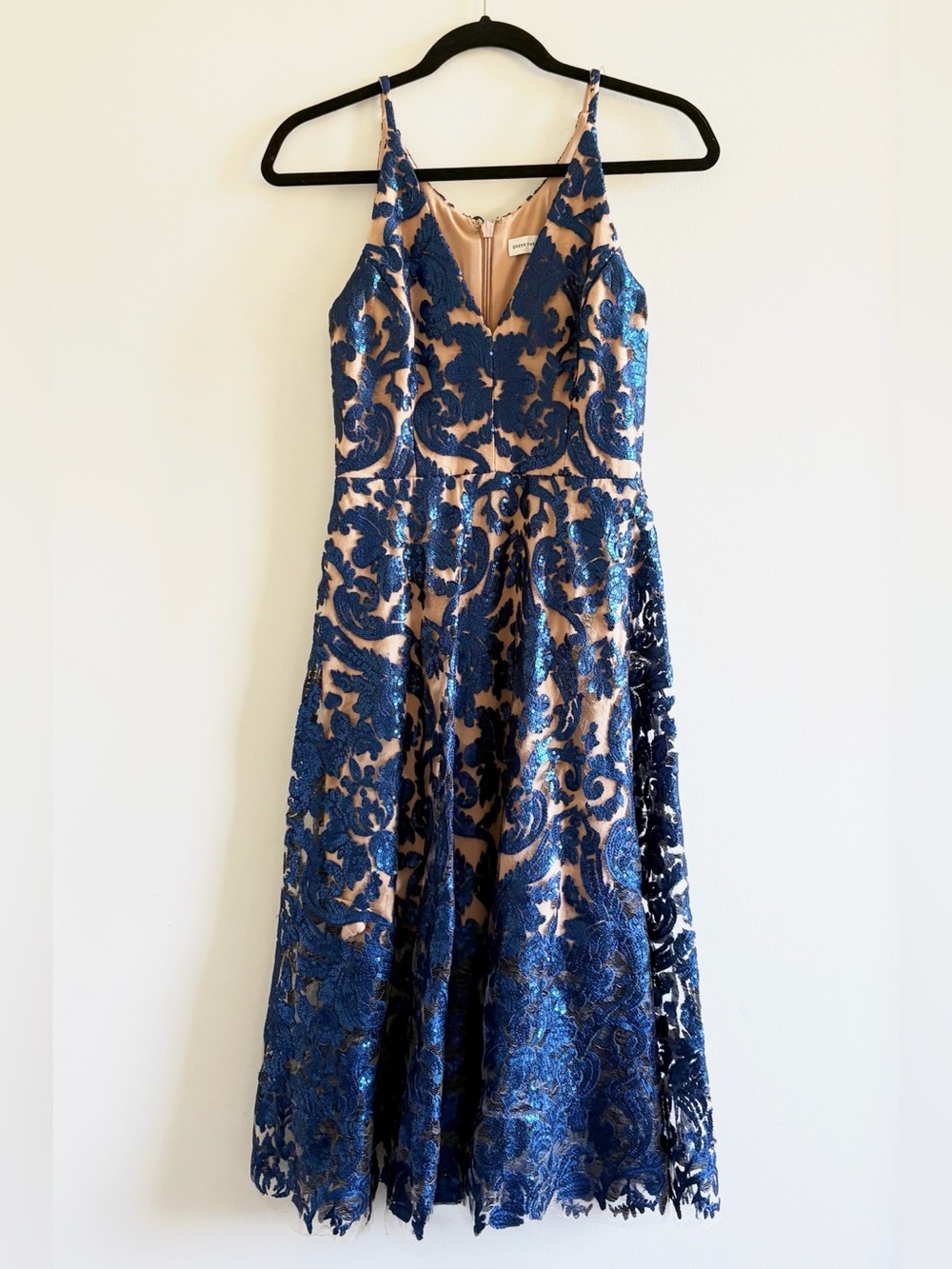 Dress the Population Blair Dress - Navy Blue Sequin Floral Fit & Flare, Sz Small